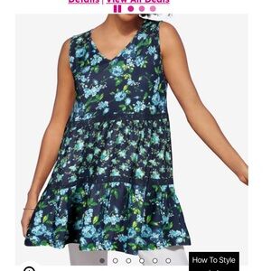 Woman Within Floral Short Sleeve Top - Blue and Green